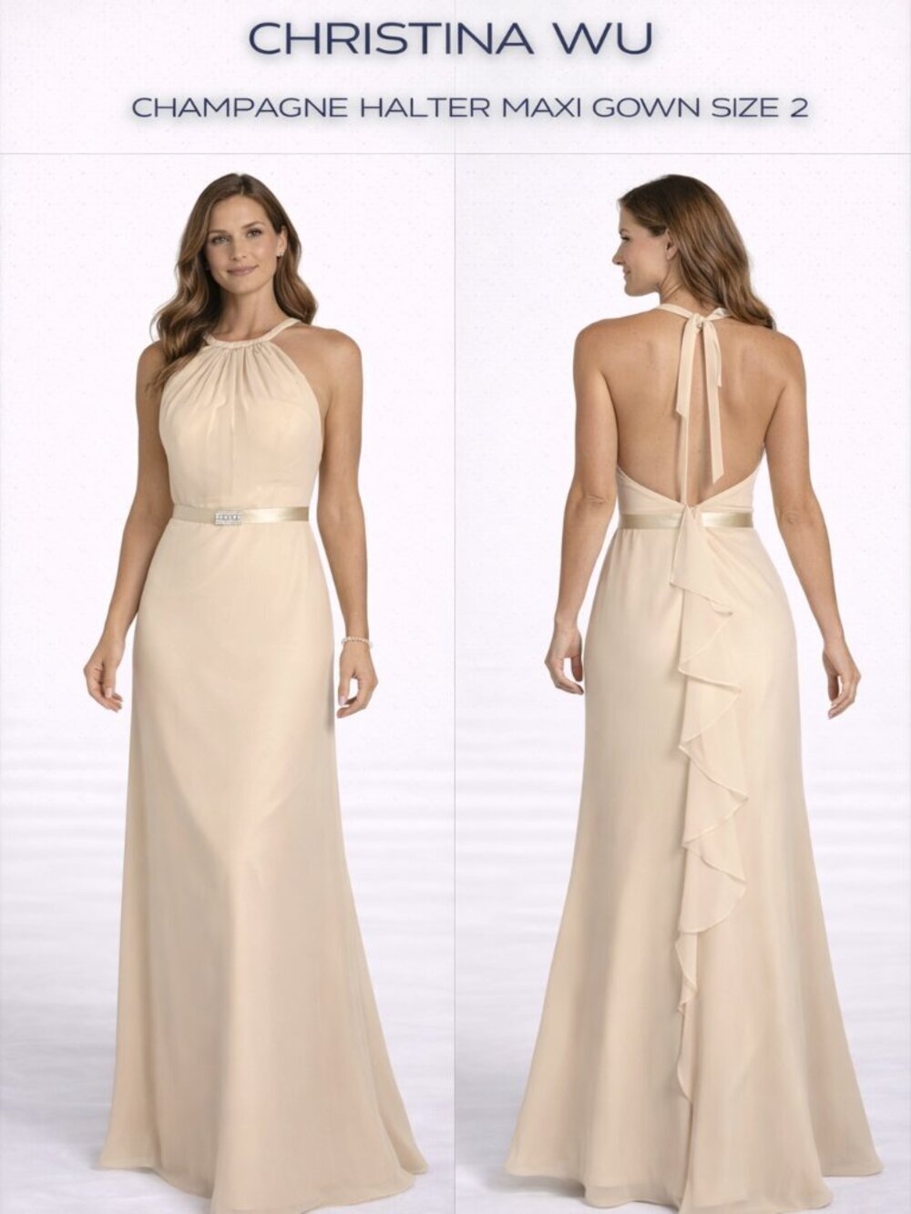 CHRISTINA WU CHAMPAGNE HALTER MAXI GOWN SZ 2